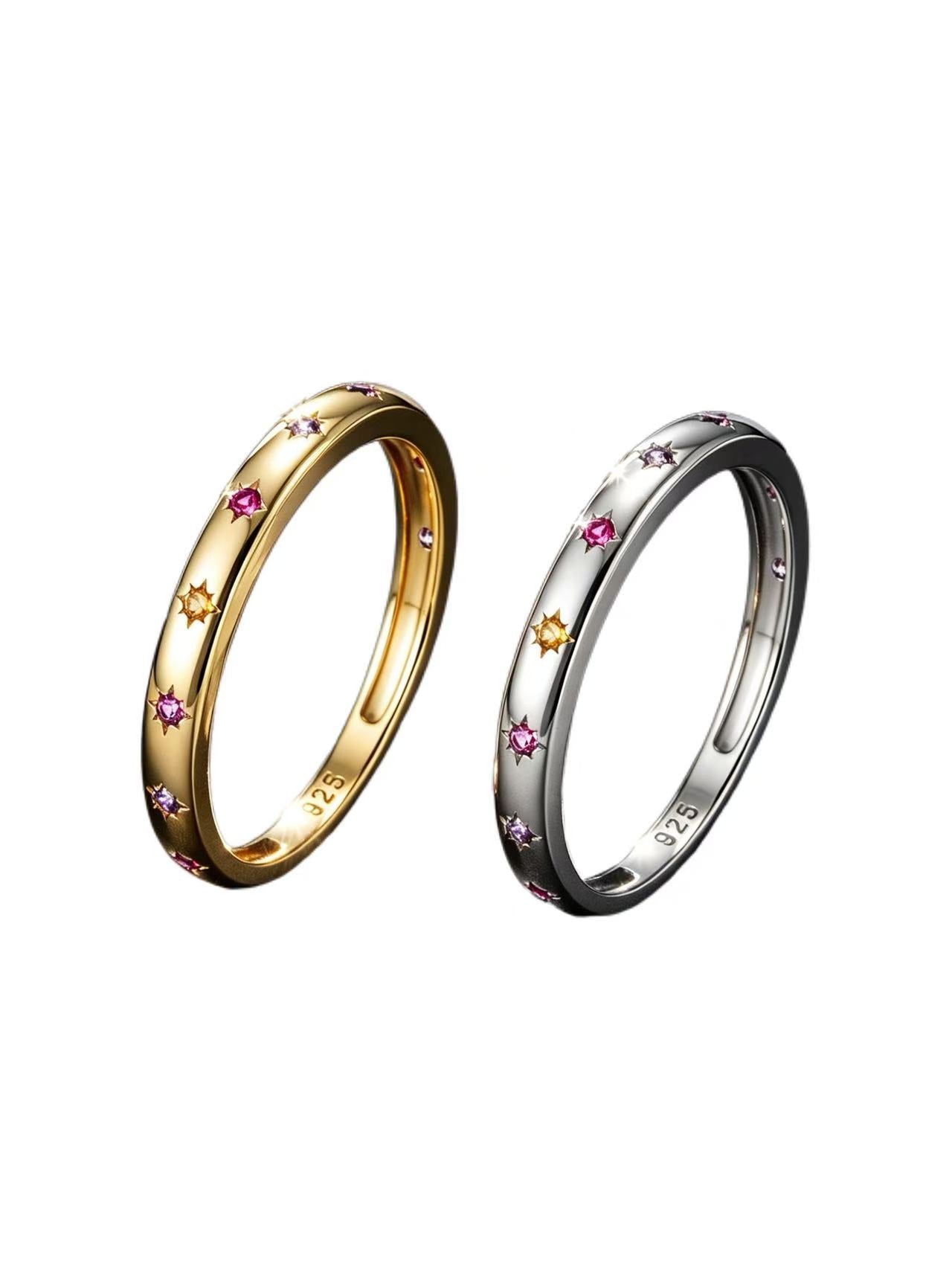 Solace & I | "Astra Starburst" Rainbow Ring - S925 Silver & 14K Champagne Gold with Multi-Colored Zircon