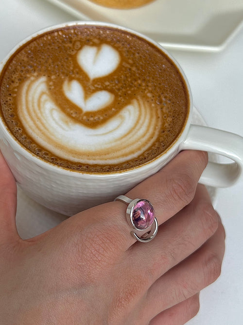 Solace & I | "Rosy Sanctuary" Pink Crystal Open Ring – S925 Sterling Silver Minimalist Heavy-Craft Jewelry