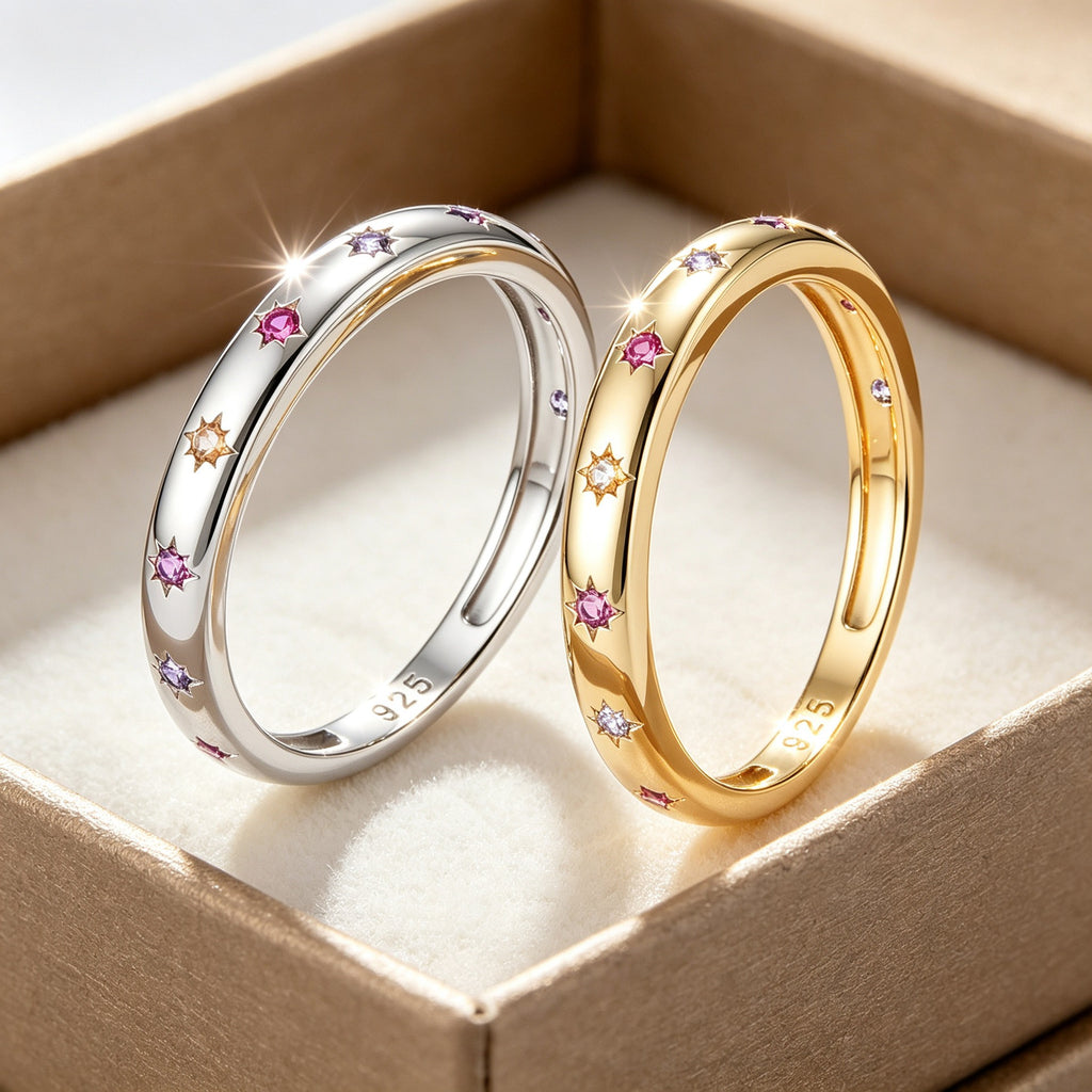 Solace & I | "Astra Starburst" Rainbow Ring - S925 Silver & 14K Champagne Gold with Multi-Colored Zircon