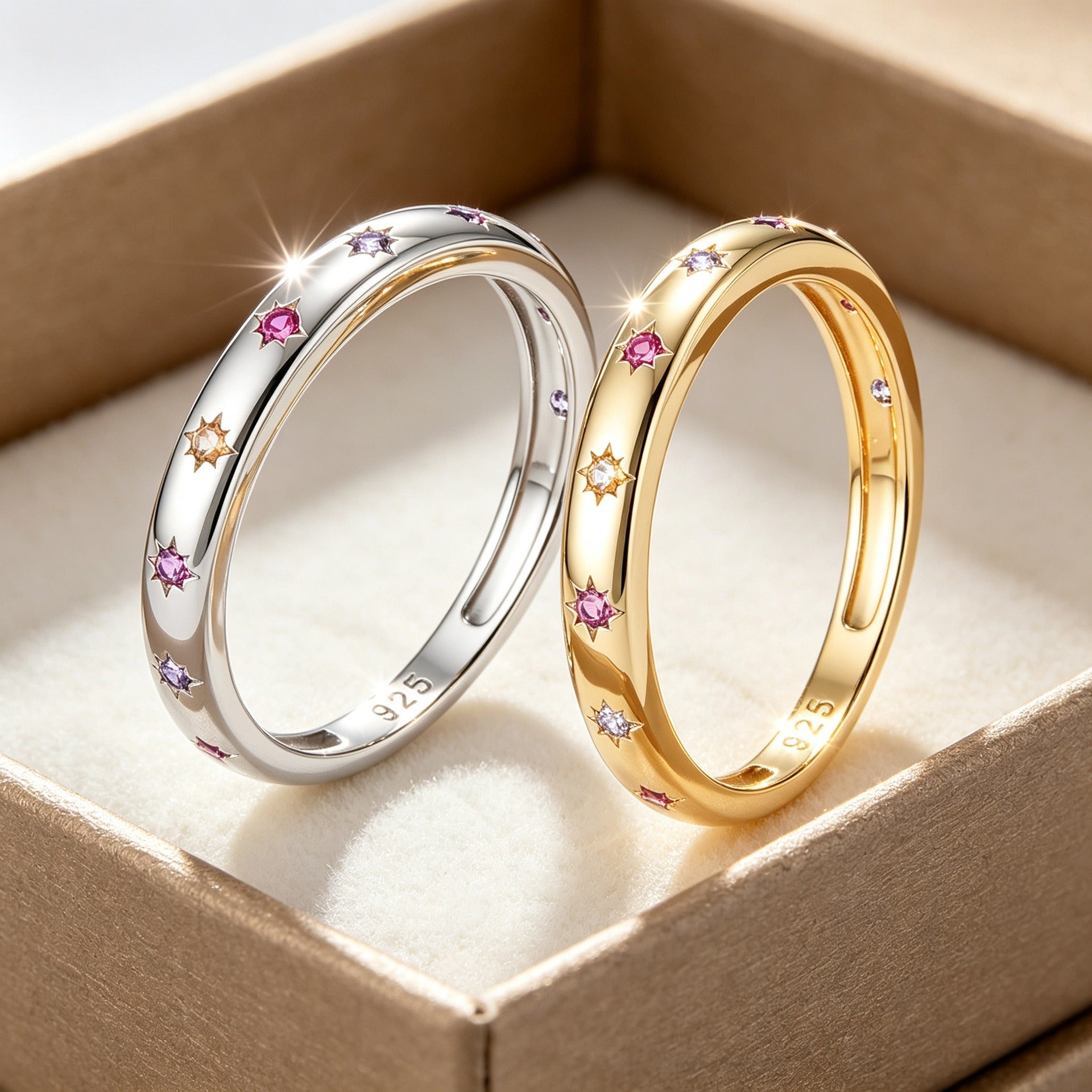 Solace & I | "Astra Starburst" Rainbow Ring - S925 Silver & 14K Champagne Gold with Multi-Colored Zircon