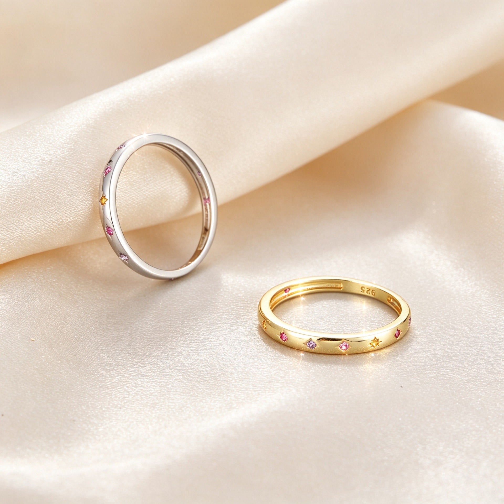 Solace & I | "Astra Starburst" Rainbow Ring - S925 Silver & 14K Champagne Gold with Multi-Colored Zircon